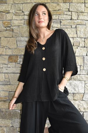 Andi Basket Linen Blend Top Black
